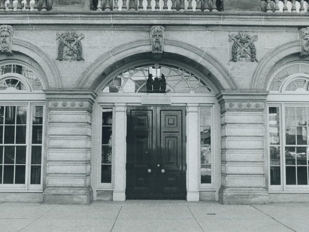 The facade of St. Lawrence Hall, photographed here in 1973. Courtesy of Toronto Public Library.