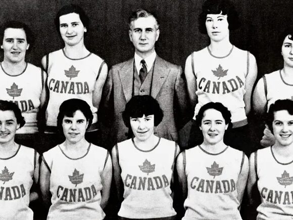 A photograph of the 1936 Canadian women's basketball team held in Berlin. Image sourced from Olympic.ca.