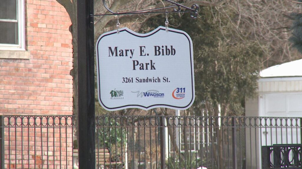 The park sign for the Mary E. Bibb Park on Sandwich Street in Windsor, Ontario, so-named in 2021.