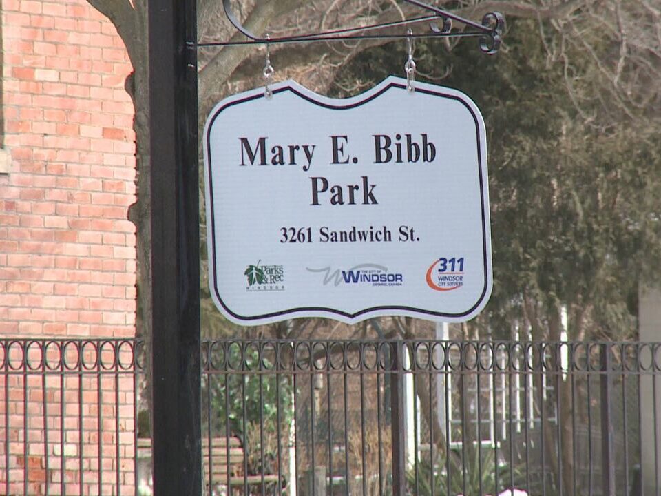 The park sign for the Mary E. Bibb Park on Sandwich Street in Windsor, Ontario, so-named in 2021.