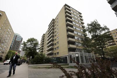 Many Torontonians live in high rise apartment towers. Mid-century apartment complex called the Cawthra and Mulock Apartments.