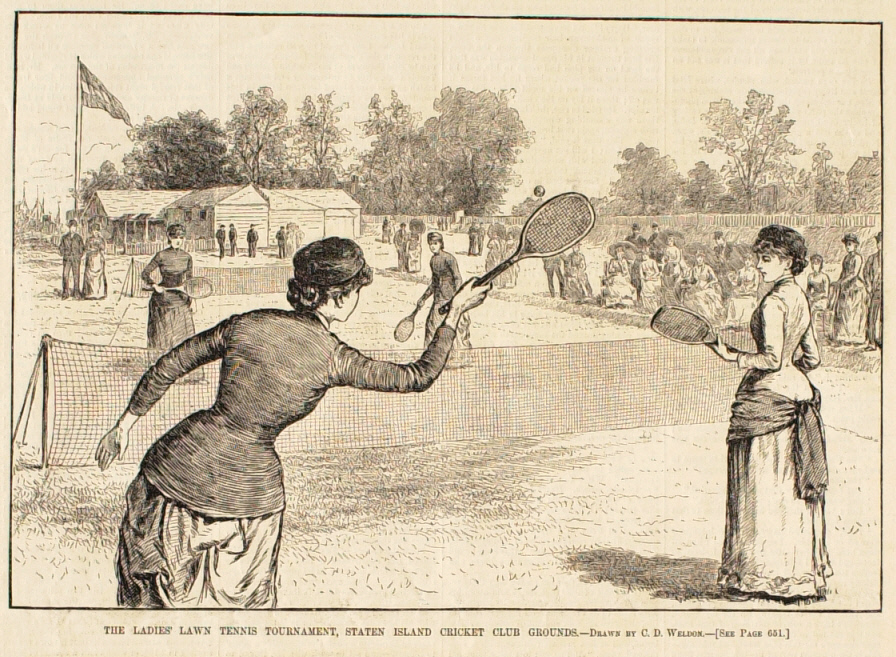 An illustration of the Ladies' Lawn Tennis Tournament at the Staten Island Cricket Club Grounds, drawn by C.D. Weldon. Sourced from Harper's Weekly.