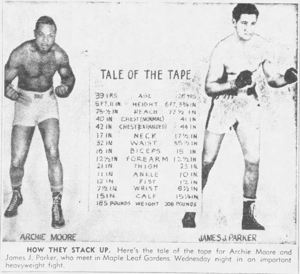 A sizing and stat chart between boxers Archie Moore and James J. Parker published in the Calgary Herald on July 24, 1956. Sourced from Newspapers.com.