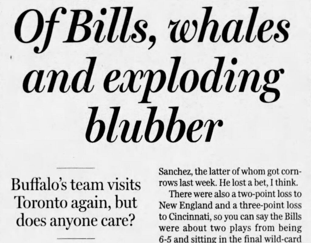 An excerpt from the National Post on November 30, 2013. The article critiques the fan reception of the NFL playing at the Rogers Centre considering the disappointing turnout at the stadium and the lackluster season the Buffalo Bills were having. Image sourced from Newspapers.com.