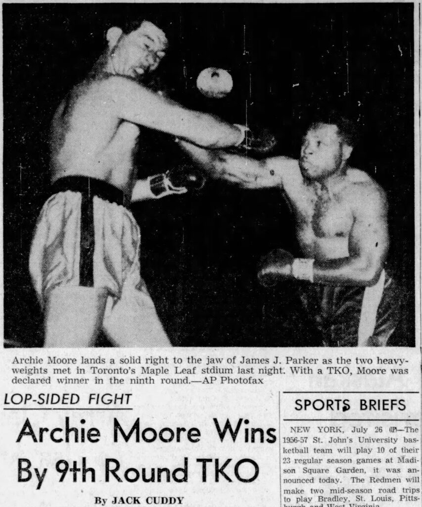 A headline excerpt from the Santa Barbara News-Press published on July 26, 1956 highlighting Archie Moore's TKO against James J. Parker. Article written by Jack Cuddy and sourced from Newspapers.com.
