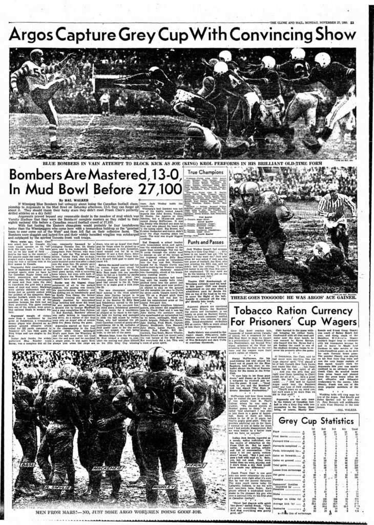 A photograph from a full page article of The Globe and Mail on the Toronto Argonauts' Grey Cup (aka. Mud Bowl) victory on November 27, 1950. This image is captioned "Blue Bombers in vain attempt to block kick as Joe (King) Krol performs his brilliant old-time form." Article written by Hal Walker, photographs taken by Turnicky?, (Richard) Cole and Harry McLorinan, and sourced from Newspapers.com.