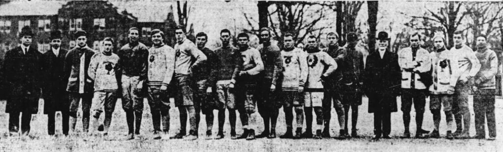 A photograph of the 1909 University of Toronto Varsity rugby team that became the winners of the first (Earl) Grey Cup. This photograph from the Ottawa Citizen, published on December 6, 1909, has the caption: "The Varsity Rugby team - from left to right - Allison (manager), McArthur (secretary), Gall, Dixon, Gage, Ritchie, Lawson, Thompson, Lajole, Newton (captain), Hume, Foulds, Bell, Cruickshanks, Dickson, Prof. McCurdy (president), Kingston Oark, Ranin, and Conley (trainer)." Image sourced from Newspapers.com.