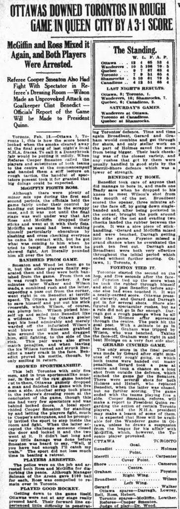 An article excerpt from the Ottawa Journal on February 18, 1915 describing the hockey game outcome between Toronto and Ottawa as well as the brawl between Mciffin and Ross. Sourced from Newspapers.com.
