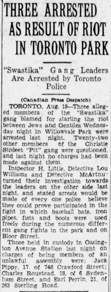 An article excerpt from The Sun on August 8, 1933 describing the infamous Christie Pit Riot. Over 10,000 started a fight as three Nazi-inspired youth provoked Jewish Canadians. Sourced from Newspapers.com.