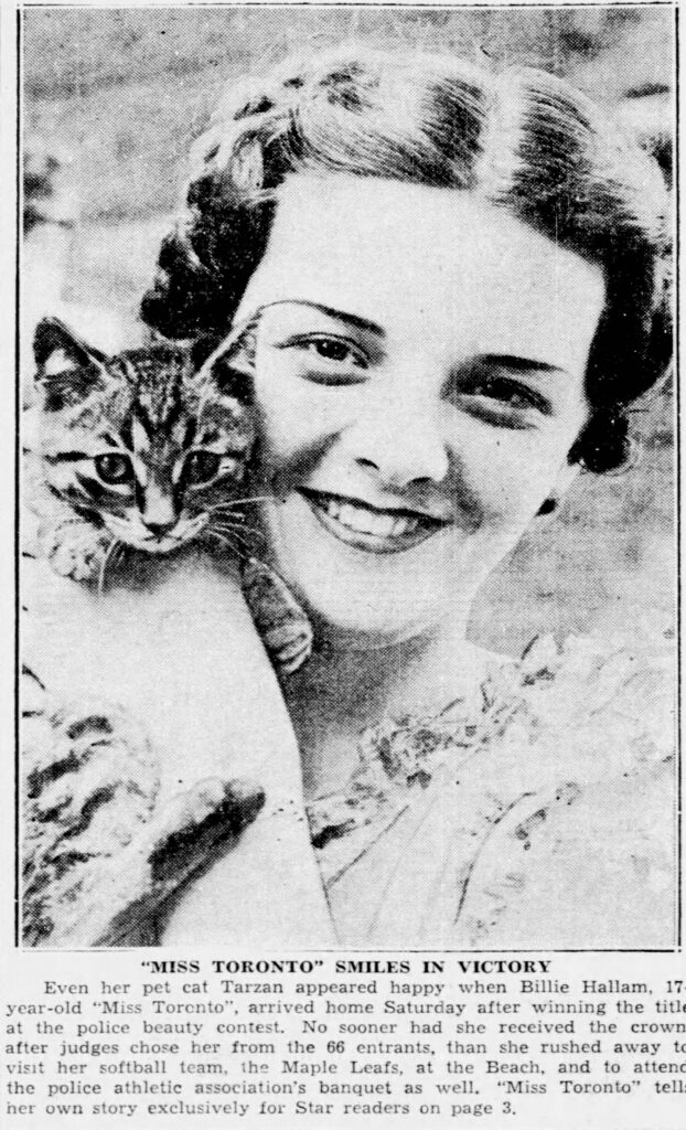 A photograph of baseball player Billie Hallam posing with a cat after winning Miss Toronto, featured in the Toronto Star on July 19, 1937. Sourced from Newspapers.com.
