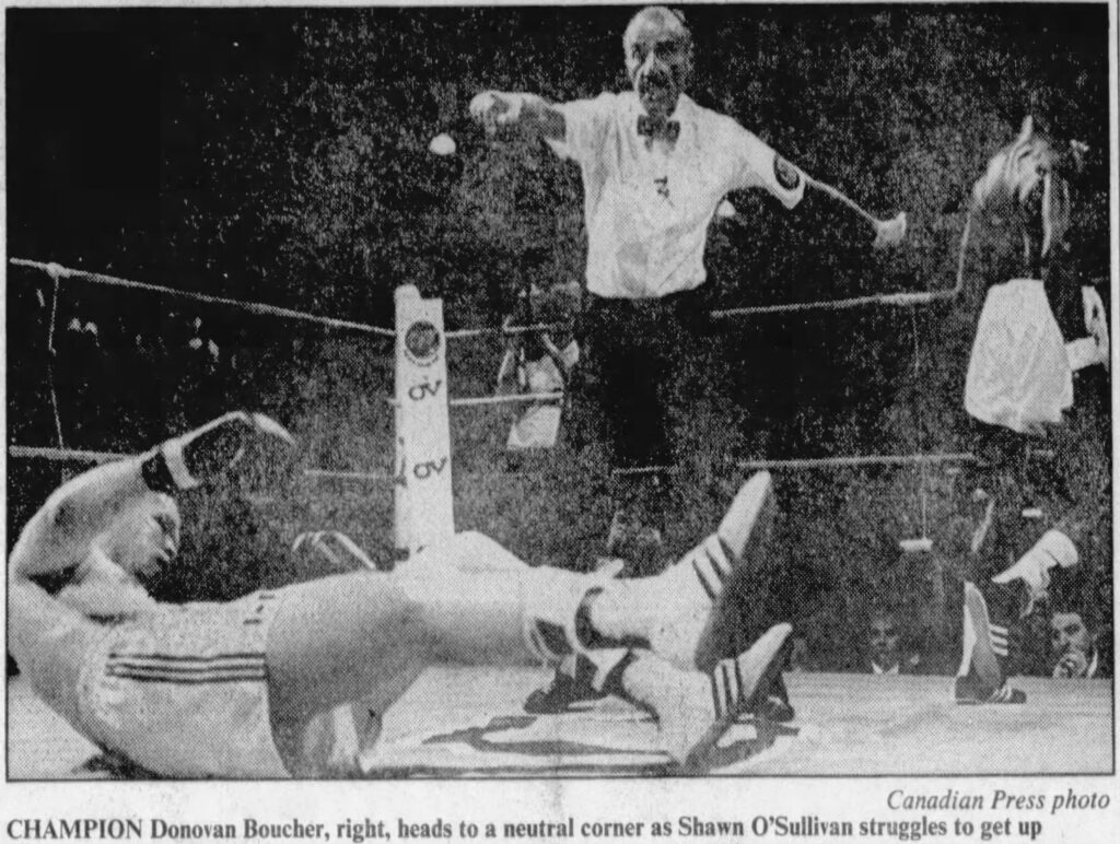 A photograph of Shawn O'Sullivan collapsing during his fight with Donovan Boucher at Varsity Stadium. It was published in The Windsor Star on March 26, 1988. Sourced from Newspapers.com.