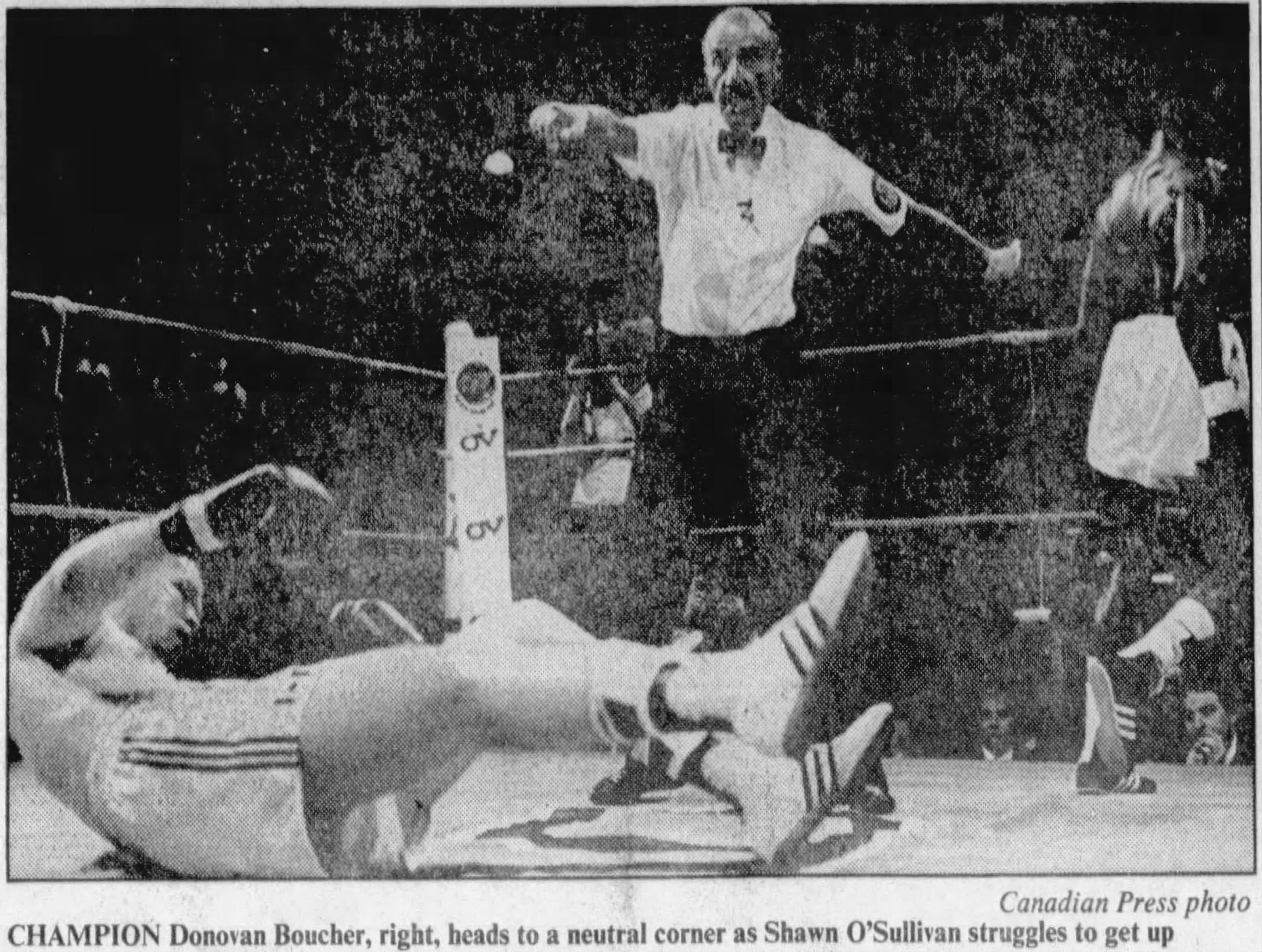 A photograph of Shawn O'Sullivan collapsing during his fight with Donovan Boucher at Varsity Stadium. It was published in The Windsor Star on March 26, 1988. Sourced from Newspapers.com.
