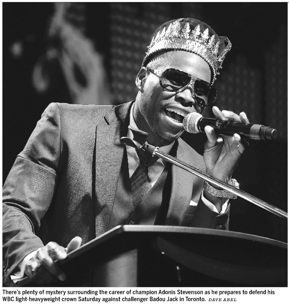 A photograph from the Windsor Star published on May 19, 2018 depicting boxing champion Adonis Stevenson as he speaks in anticipation of his match with Badou Jack. Photograph by Dave Abel and sourced from Newspapers.com.