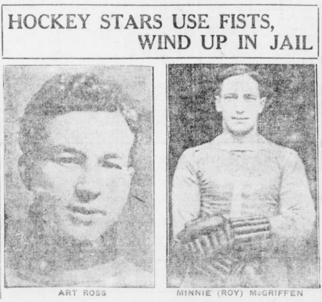 An article excerpt from the Winnipeg Tribune on February 18, 1915. It describes the intense rivalry between Toronto's Minnie (Roy) McGiffen and Ottawa's Art Ross, which culminated in a brutal brawl that landed both players in jail. Image sourced from Newspapers.com.
