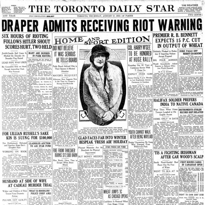 A front page article from the Toronto Daily Star published on August 17, 1933. Sourced from Toronto Public Library.