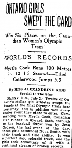 An article from The Star published on June 2, 1928 describing the Canadian women's Olympic wins and newset records. Sourced from Newspapers.com.