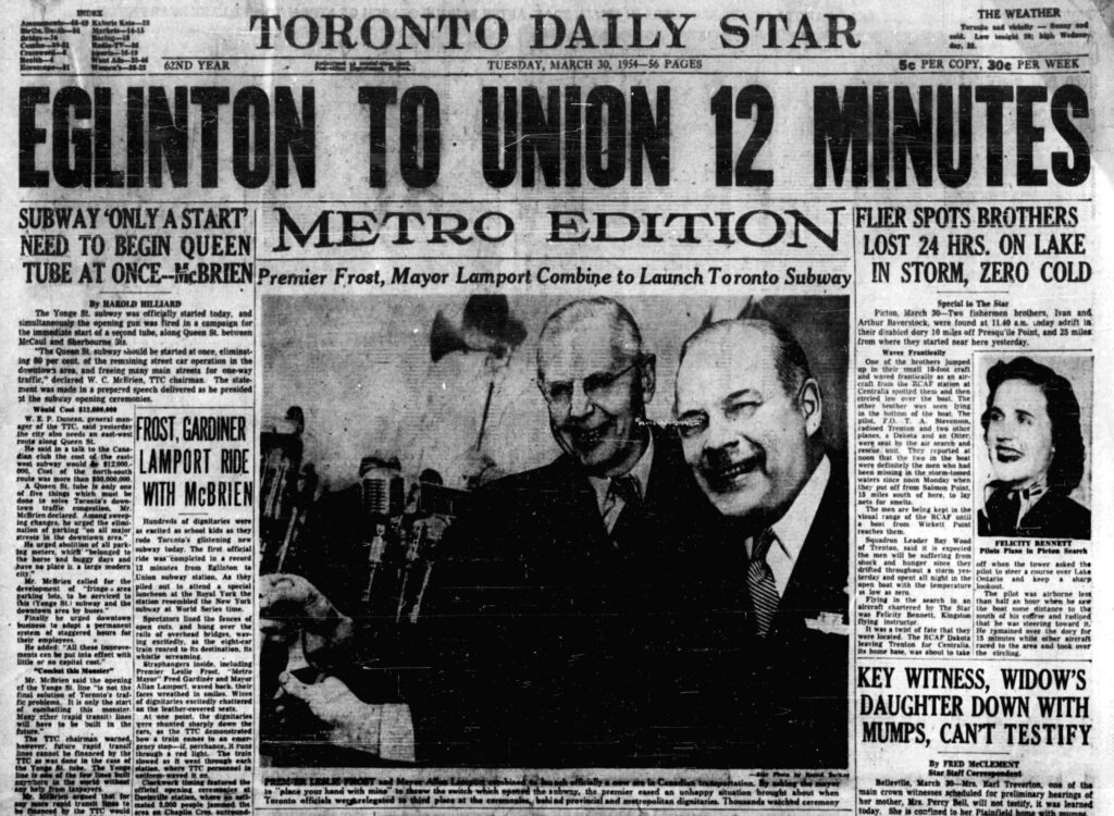 An article from the Toronto Daily Star published on March 30, 1954. It describes the grand opening of Toronto's first subway line, pictured here as Ontario Premier Leslie Frost and Toronto Mayor Allen Lamport throw the switch to turn on the electrified rails. Sourced from Newspapers.com.